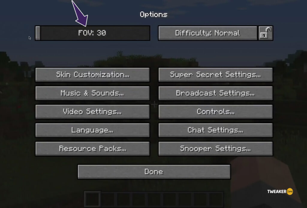 Change FOV Settings to 30 in Minecraft