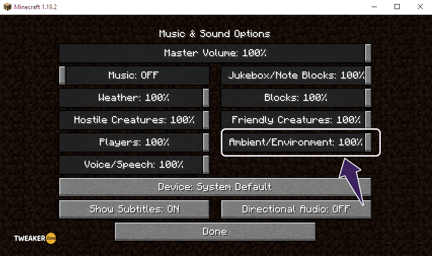 AmbientEnvironment Settings to 100% in minecraft