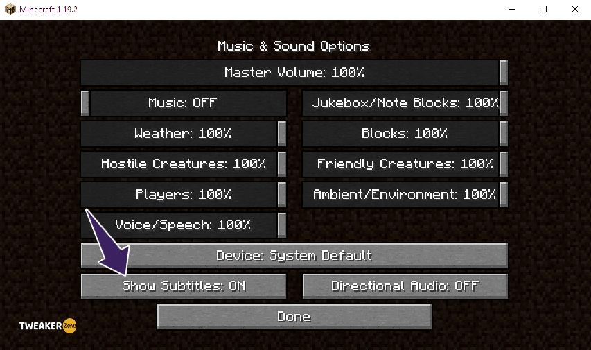 turn of Show Subtitles in minecraft