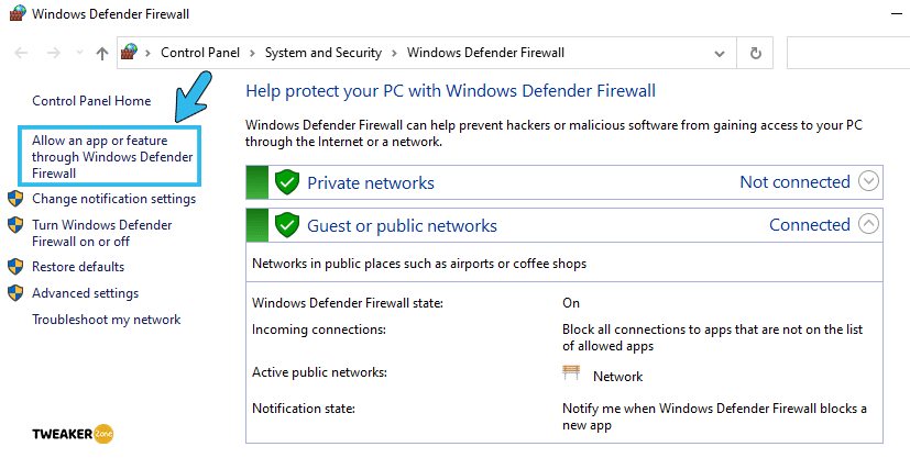 Allow an app or feature through Windows Defender Firewall