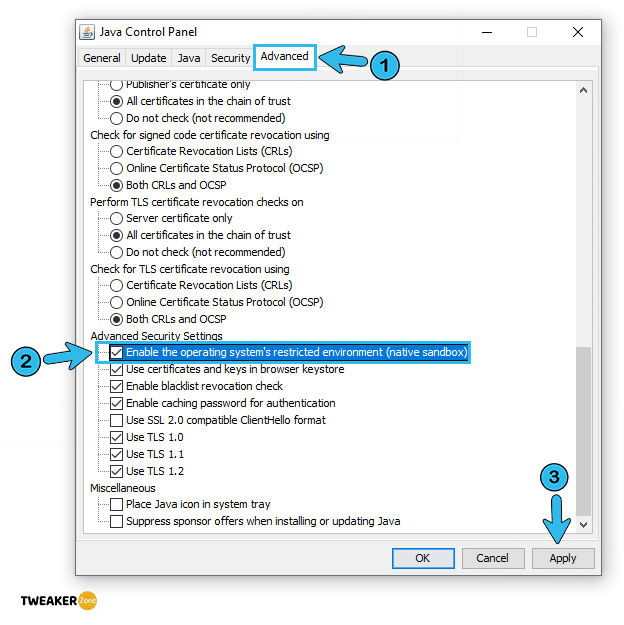 Java Control Panel Advanced Security Settings