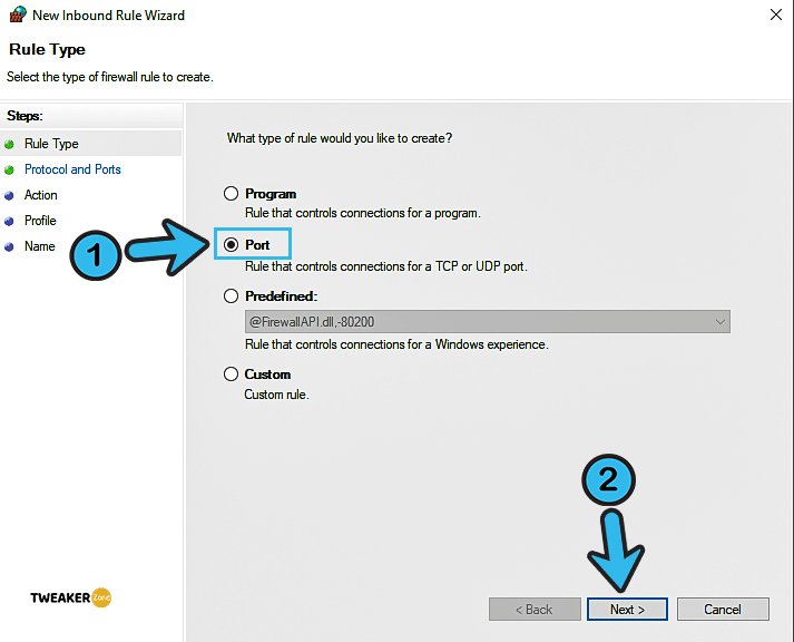 Select Ports under new inbound rule