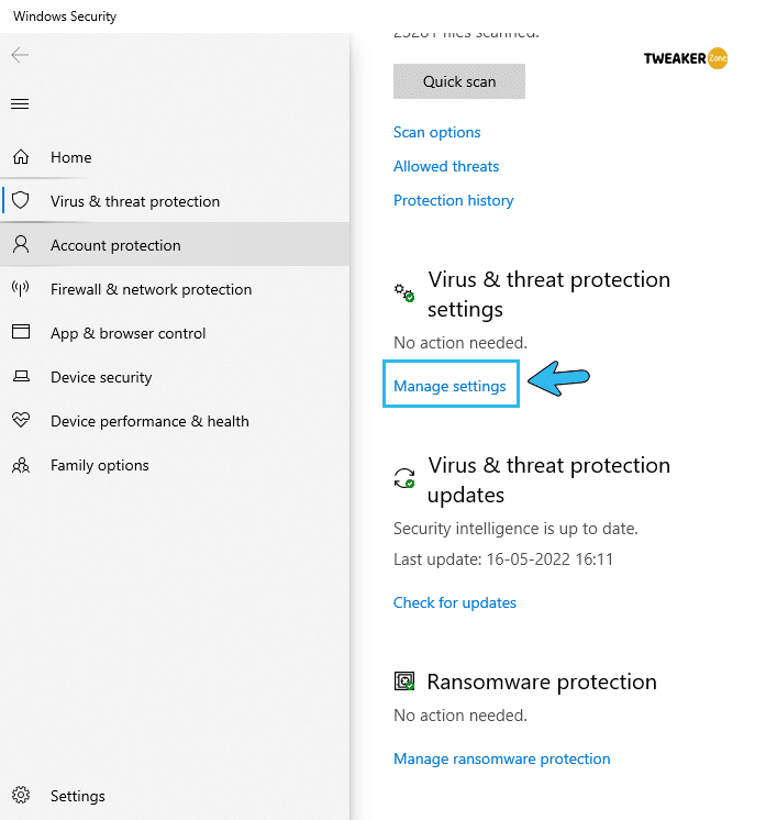 Virus & threat protection settings