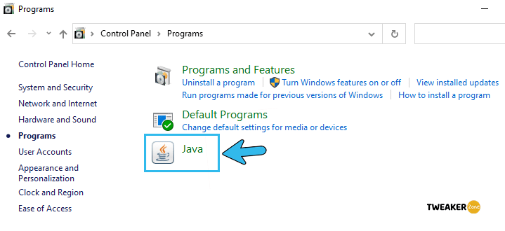 java option under control panel