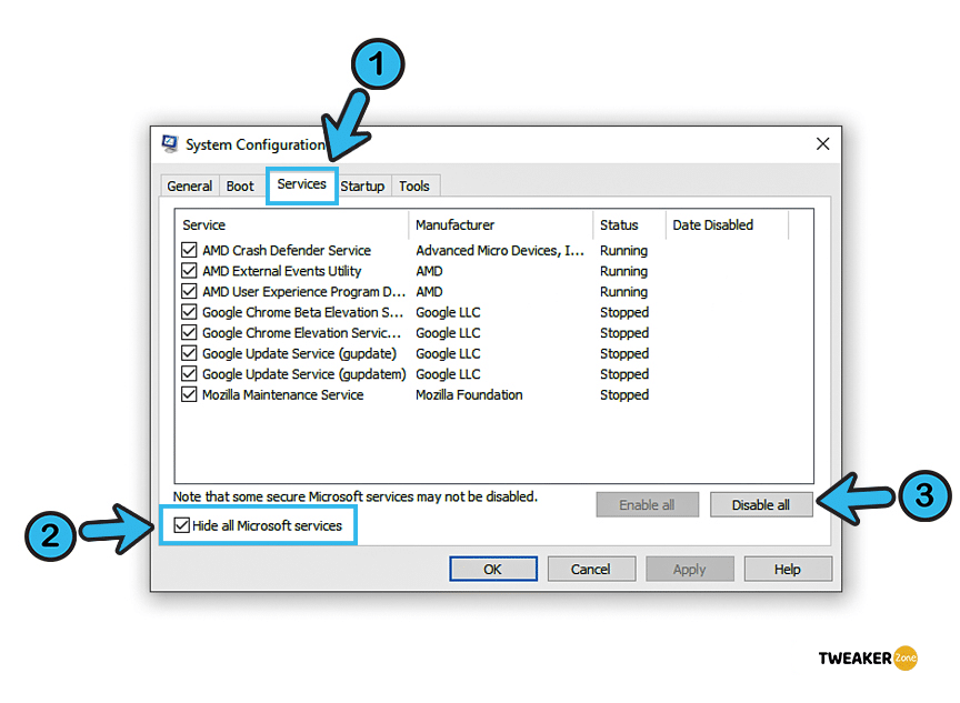 system configuration disable Microsoft services